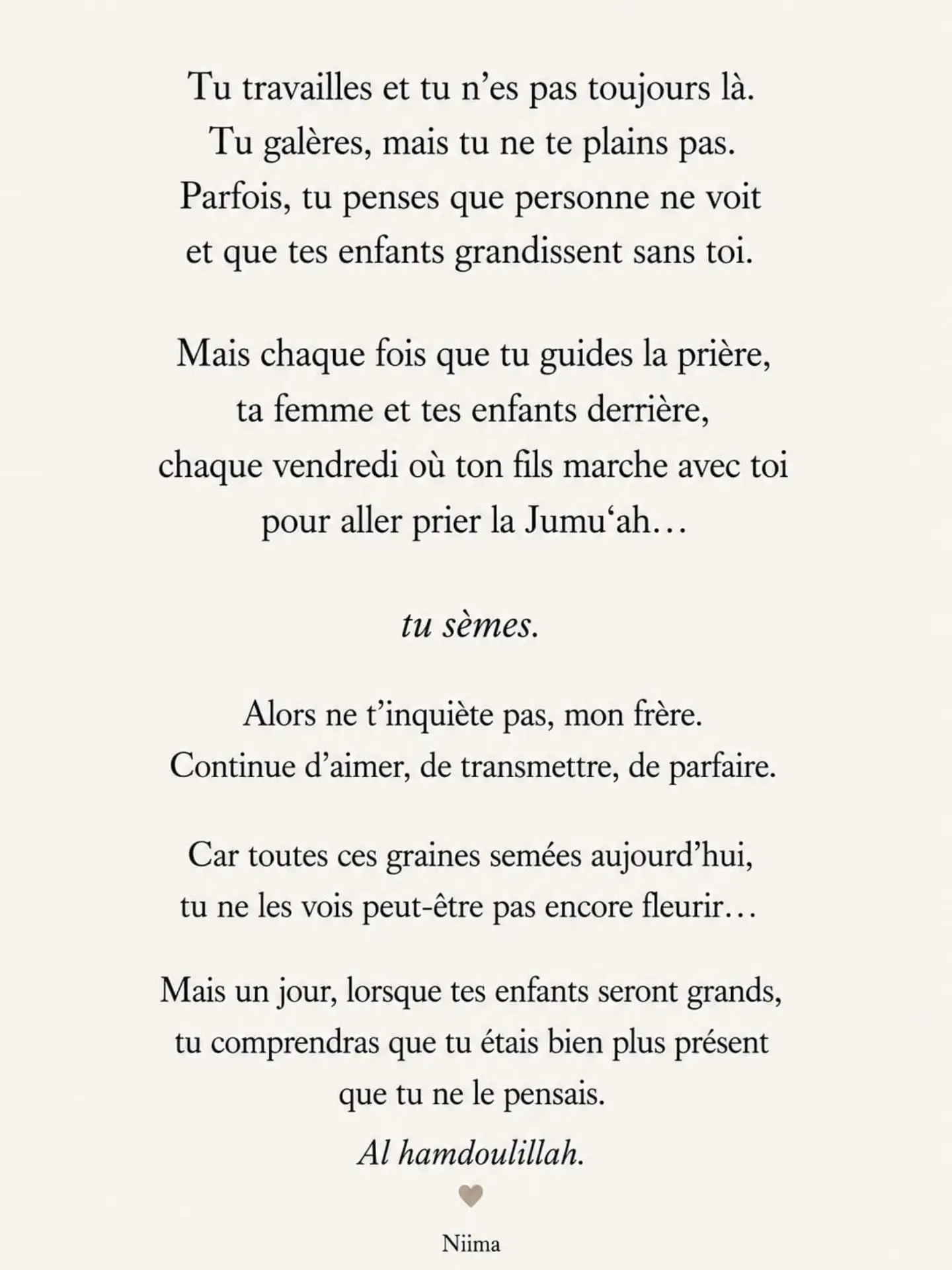 Texte Niima Magazine adressé aux pères : chaque fois que tu guides la prière, que ton fils marche avec toi vers la Jumu'ah, tu sèmes